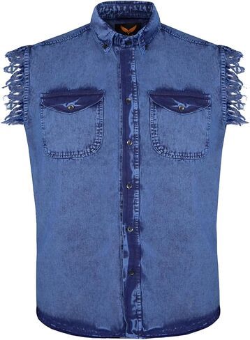 Dream Apparel Mens Cut Off Button-Down Cotton Denim Shirt Lightweight Stonewashed Frayed Sleeveless Shirt w/ 2 Chest Pockets in Kuwait