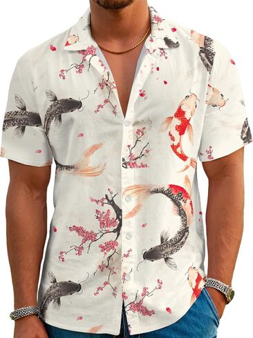 Men's Hawaiian Japanese Style Beach Tropical Short-Sleeve Holiday Print Funny Shirt Casual Button Shirt Unisex. in Kuwait