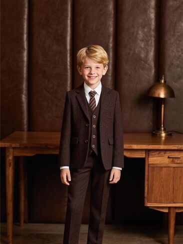 Formal Boys' Suit Set, 4 Piece Herringbone Tweed Boy Suit, Retro Vintage Wedding Ring Bearer Classic Outfits, Slim Fit Suit for Kids, Dark Brown Tweed Suits Size 8 in Saudi Arabia