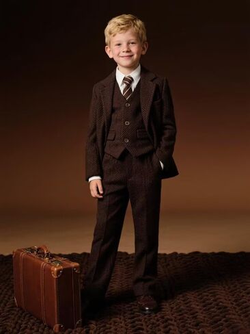 Formal Boys' Suit Set, 4 Piece Herringbone Tweed Boy Suit, Retro Vintage Wedding Ring Bearer Classic Outfits, Slim Fit Suit for Kids, Dark Brown Tweed Suits Size 8 in Saudi Arabia