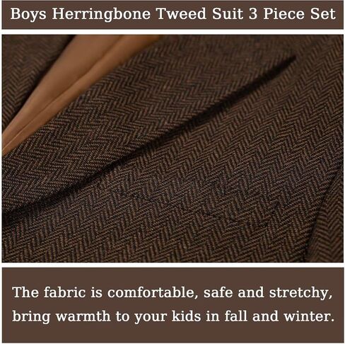 Formal Boys' Suit Set, 4 Piece Herringbone Tweed Boy Suit, Retro Vintage Wedding Ring Bearer Classic Outfits, Slim Fit Suit for Kids, Dark Brown Tweed Suits Size 8 in Saudi Arabia