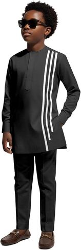Boys' African 2-Piece Suit Mandarin Collar Long Sleeve Tunic Shirt & Pants Set Striped Dashiki Kids Nigerian Attire in Saudi Arabia