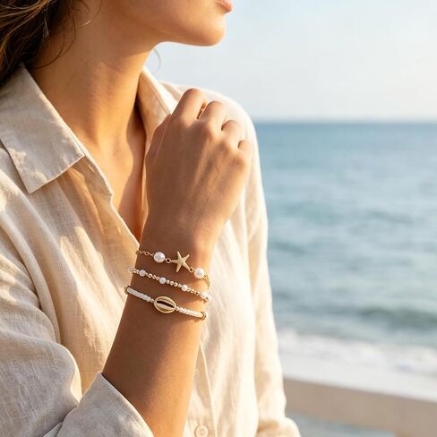 Beach Jewelry Accessories for Women,Trendy Gold Seashell Starfish Bracelet Set Charm Pearl Beaded Layered Bracelets,Boho Stackable Stretch Bracelets in Kuwait
