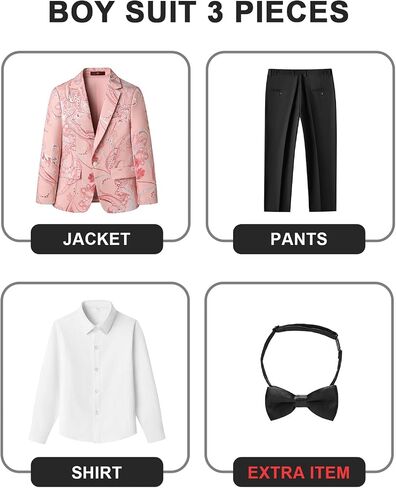 Boys Tuxedo Suit Set 3 Piece Floral Kids Formal Outfit Slim Fit Jacket with Pants Shirt and Bow Tie for Sneaker Balls Parties in Saudi Arabia