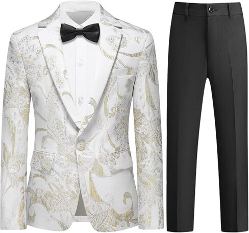 Boys Tuxedo Suit Set 3 Piece Floral Kids Formal Outfit Slim Fit Jacket with Pants Shirt and Bow Tie for Sneaker Balls Parties in Saudi Arabia