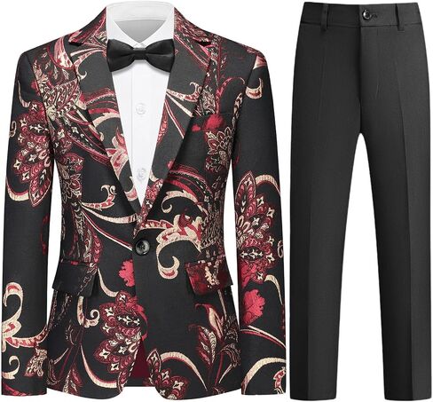 Boys Tuxedo Suit Set 3 Piece Floral Kids Formal Outfit Slim Fit Jacket with Pants Shirt and Bow Tie for Sneaker Balls Parties in Saudi Arabia