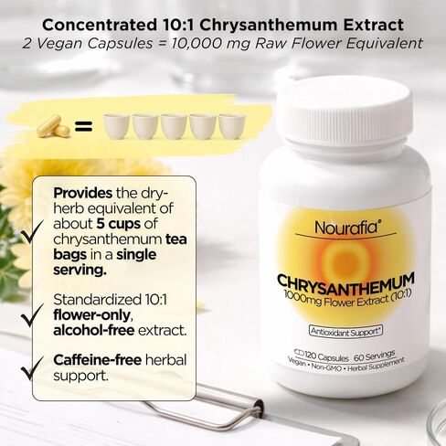 Chrysanthemum Flower Extract Capsules (10:1) | Strongest in US | 1,000 mg Extract per Serving | 120 Vegan Capsules | Herbal Antioxidant & Eye Support* | Caffeine-Free, Alcohol-Free, Non-GMO in Kuwait