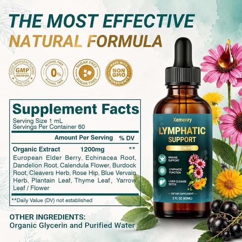 Lymphatic Drainage Drops – 11-in-1 Organic Herbal Blend with European Elderberry, Echinacea, Burdock Root, Dandelion, Vegan, Non-GMO, 2 fl oz in Saudi Arabia