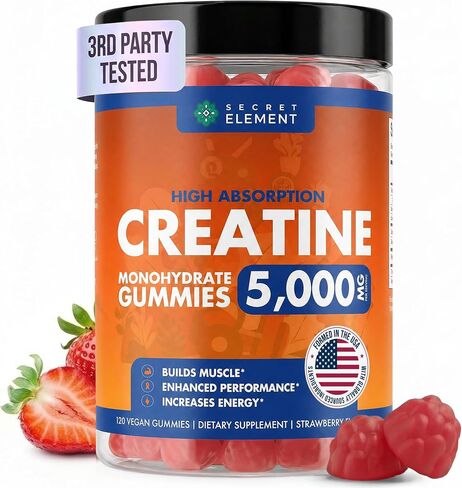 Secret Element Creatine Monohydrate Gummies 5000 mg per Serving, Sugar Free Vegan Gummies, Non-GMO, Creatine Chews for Women & Men, 30 Servings, 120 Gummies, Strawberry Flavor in Saudi Arabia