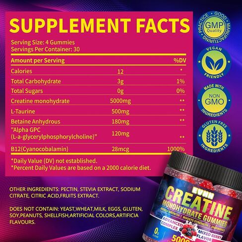 Creatine Monohydrate Gummies 5000mg, Mixed Berry, 120 Count | Sugar Free, Pre-Workout Chewables, For Men & Women in Saudi Arabia