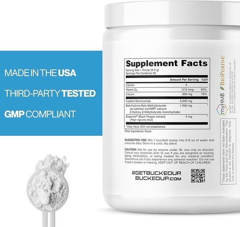 Bucked Up Creatine HMB 40 Servings Unflavored | 5g Creatine Monohydrate with 1.5g myHMB and 5mg BioPerine | Dietary Supplement Powder for Men and Women in Saudi Arabia