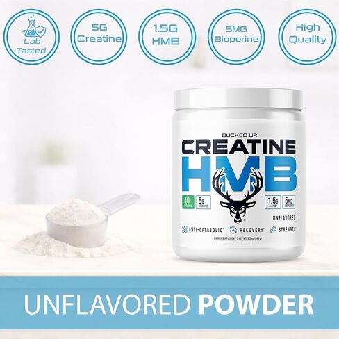 Bucked Up Creatine HMB 40 Servings Unflavored | 5g Creatine Monohydrate with 1.5g myHMB and 5mg BioPerine | Dietary Supplement Powder for Men and Women in Saudi Arabia