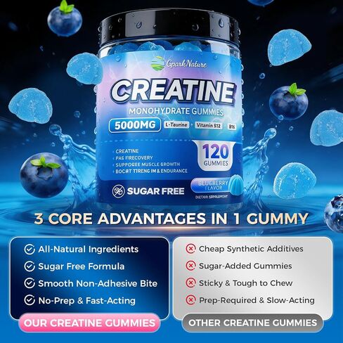 Creatine Monohydrate Gummies Complex 5000MG, 6X Energy & Muscle Support Pre-Workout Supplements for Women & Men, Enhance Strength, Advanced Formula Creatine, L-Taurine, B12, B6, Sugar Free, 120pcs in Saudi Arabia
