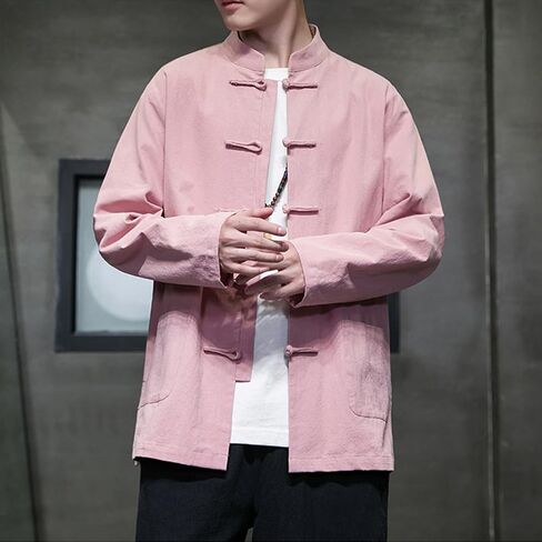 Chinese Traditional Clothes Tang Suit Men Hanfu Long Sleeve Top,Kung Fu Jacket Tai Chi Arts Uniform (US, Alpha, 3X-Large, Regular, Regular, Pink) in Saudi Arabia