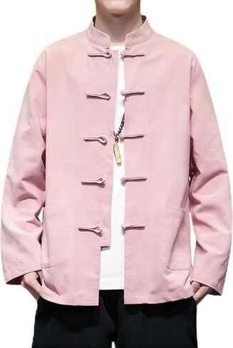 Chinese Traditional Clothes Tang Suit Men Hanfu Long Sleeve Top,Kung Fu Jacket Tai Chi Arts Uniform (US, Alpha, 4X-Large, Regular, Regular, Pink) in Saudi Arabia