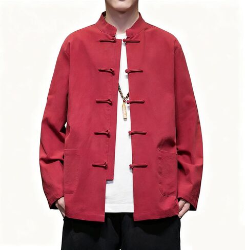 Chinese Traditional Clothes Tang Suit Men Hanfu Long Sleeve Top,Kung Fu Jacket Tai Chi Arts Uniform (US, Alpha, 4X-Large, Regular, Regular, Red) in Saudi Arabia