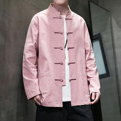 Chinese Traditional Clothes Tang Suit Men Hanfu Long Sleeve Top,Kung Fu Jacket Tai Chi Arts Uniform (US, Alpha, XX-Large, Regular, Regular, Pink) in Saudi Arabia