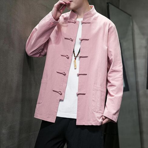 Chinese Traditional Clothes Tang Suit Men Hanfu Long Sleeve Top,Kung Fu Jacket Tai Chi Arts Uniform (US, Alpha, XX-Large, Regular, Regular, Pink) in Saudi Arabia