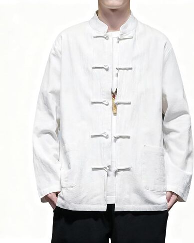 Chinese Traditional Clothes Tang Suit Men Hanfu Long Sleeve Top,Kung Fu Jacket Tai Chi Arts Uniform (US, Alpha, Large, Regular, Regular, White) in Saudi Arabia