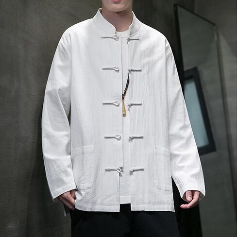 Chinese Traditional Clothes Tang Suit Men Hanfu Long Sleeve Top,Kung Fu Jacket Tai Chi Arts Uniform (US, Alpha, Large, Regular, Regular, White) in Saudi Arabia