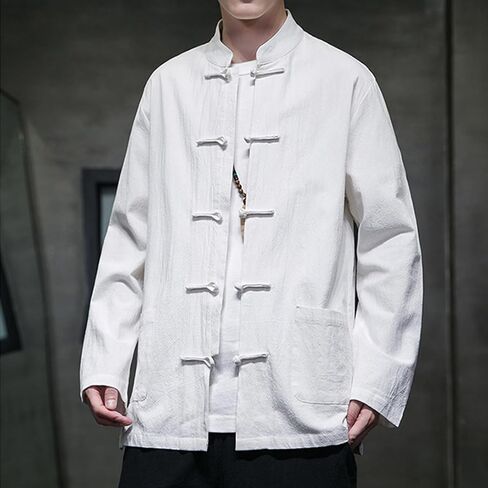 Chinese Traditional Clothes Tang Suit Men Hanfu Long Sleeve Top,Kung Fu Jacket Tai Chi Arts Uniform (US, Alpha, Large, Regular, Regular, White) in Saudi Arabia