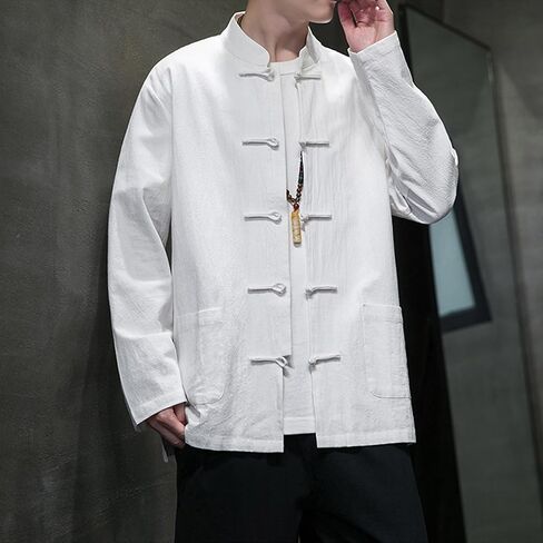 Chinese Traditional Clothes Tang Suit Men Hanfu Long Sleeve Top,Kung Fu Jacket Tai Chi Arts Uniform (US, Alpha, Large, Regular, Regular, White) in Saudi Arabia