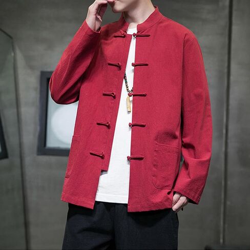 Chinese Traditional Clothes Tang Suit Men Hanfu Long Sleeve Top,Kung Fu Jacket Tai Chi Arts Uniform (US, Alpha, 3X-Large, Regular, Regular, Red) in Saudi Arabia