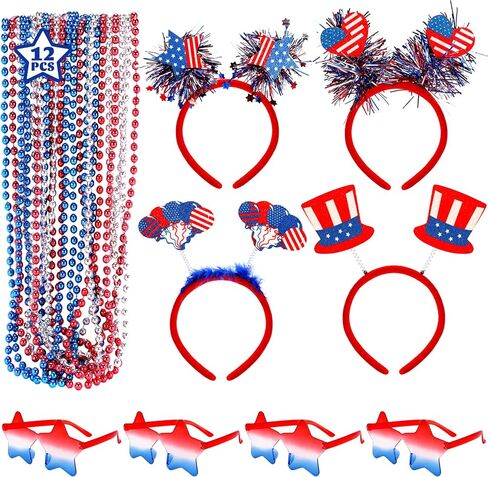 4th of July Party Favors Set, 20PCS Patriotic Accessories Independence Day Decorations Headbands Necklaces Star Sunglasses, Red White Blue Party Favors and Memorial Day Supplies in Saudi Arabia
