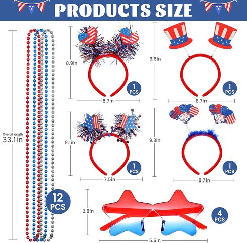 4th of July Party Favors Set, 20PCS Patriotic Accessories Independence Day Decorations Headbands Necklaces Star Sunglasses, Red White Blue Party Favors and Memorial Day Supplies in Saudi Arabia