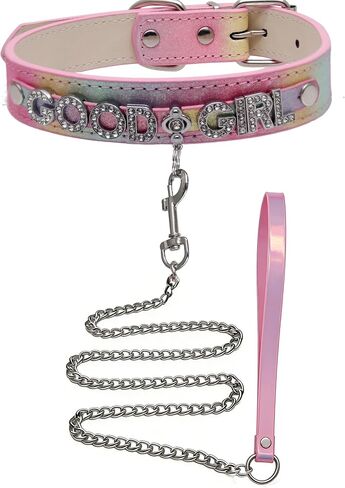 Collar and Leash Set Choker Necklace for Women,Pride Rainbow Glitter Leather Choker with Letters Gothic Punk Jewelry for Rave,Cosplay Party in Saudi Arabia