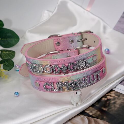 Collar and Leash Set Choker Necklace for Women,Pride Rainbow Glitter Leather Choker with Letters Gothic Punk Jewelry for Rave,Cosplay Party in Saudi Arabia