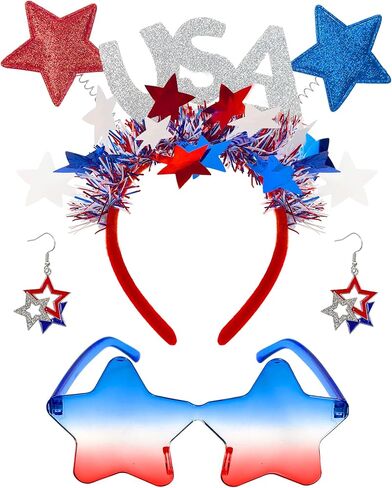 4th of July Patriotic Accessories Set, Red White Blue USA Star Headband with Star Sunglasses and Earrings for Halloween Memorial Day Parade in Saudi Arabia