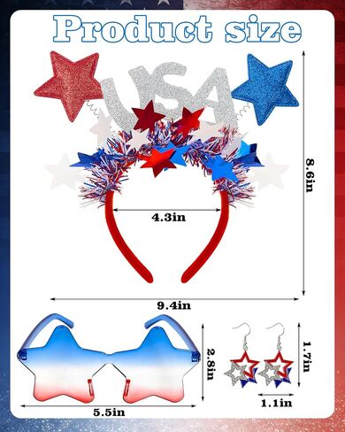 4th of July Patriotic Accessories Set, Red White Blue USA Star Headband with Star Sunglasses and Earrings for Halloween Memorial Day Parade in Saudi Arabia