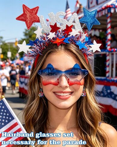 4th of July Patriotic Accessories Set, Red White Blue USA Star Headband with Star Sunglasses and Earrings for Halloween Memorial Day Parade in Saudi Arabia