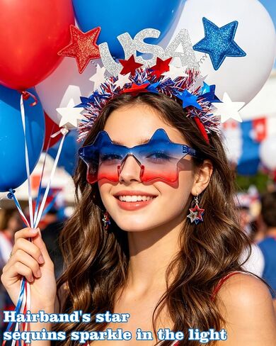 4th of July Patriotic Accessories Set, Red White Blue USA Star Headband with Star Sunglasses and Earrings for Halloween Memorial Day Parade in Saudi Arabia