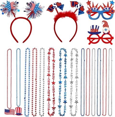 4th of July Patriotic Party Accessories 18Pcs Veterans Day Beads Necklaces Bulk Patriotic Glasses and Headbands for Parade Party Favors Decorations in Kuwait