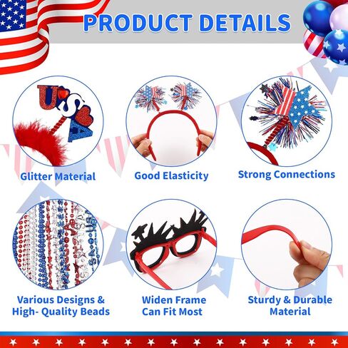 4th of July Patriotic Party Accessories 18Pcs Veterans Day Beads Necklaces Bulk Patriotic Glasses and Headbands for Parade Party Favors Decorations in Kuwait
