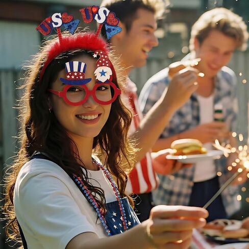 4th of July Patriotic Party Accessories 18Pcs Veterans Day Beads Necklaces Bulk Patriotic Glasses and Headbands for Parade Party Favors Decorations in Kuwait
