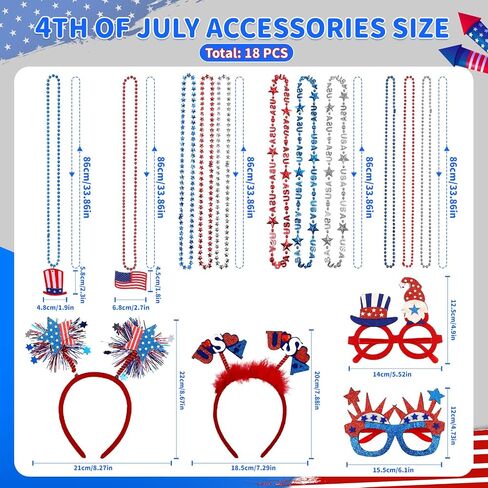 4th of July Patriotic Party Accessories 18Pcs Veterans Day Beads Necklaces Bulk Patriotic Glasses and Headbands for Parade Party Favors Decorations in Kuwait