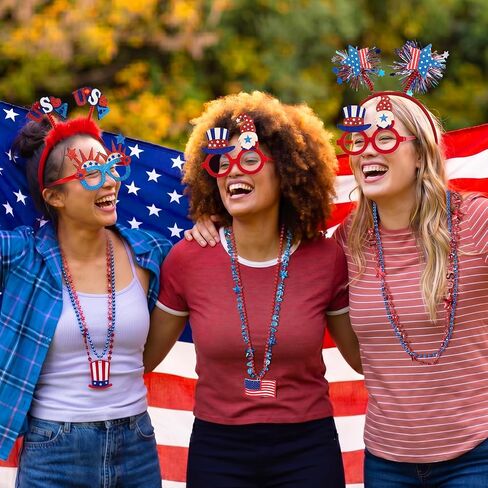 4th of July Patriotic Party Accessories 18Pcs Veterans Day Beads Necklaces Bulk Patriotic Glasses and Headbands for Parade Party Favors Decorations in Kuwait