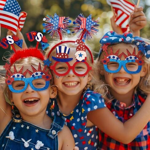 4th of July Patriotic Party Accessories 18Pcs Veterans Day Beads Necklaces Bulk Patriotic Glasses and Headbands for Parade Party Favors Decorations in Kuwait
