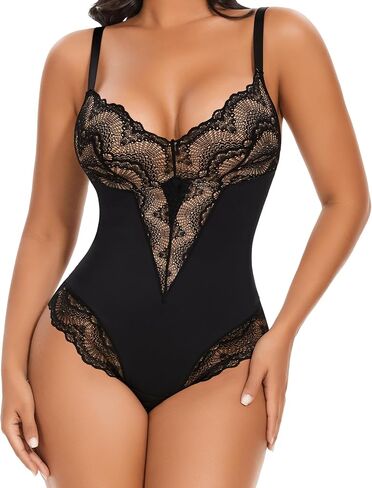 Werena Lace Tummy Control Shapewear Bodysuit for Women Slimming Body Shaper V Neck Sculpting Thong Bodysuit in Kuwait