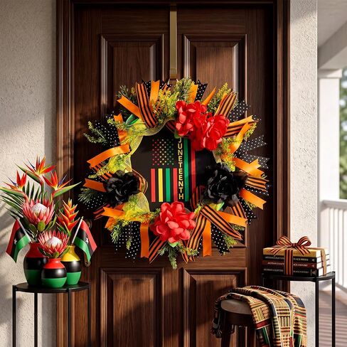Hoteam Juneteenth Wreath for Front Door African American Door Wreaths June 19th 1865 Freedom Juneteenth Decorations for Festival Indoor Outdoor Home Porch Decoration in Kuwait