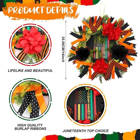 Hoteam Juneteenth Wreath for Front Door African American Door Wreaths June 19th 1865 Freedom Juneteenth Decorations for Festival Indoor Outdoor Home Porch Decoration in Kuwait