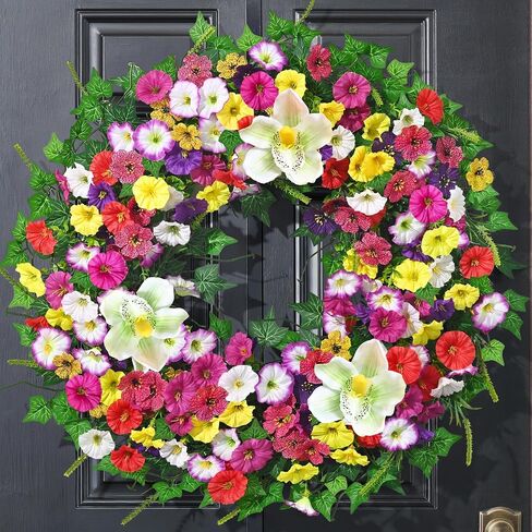 Yastouay Spring Summer Wreaths for Front Door, 24 Inch Large Spring Summer Door Wreath with Magnolia Petunia Flowers & Ivy Leaves, Spring Wreath for Front Door Farmhouse Porch Wall Indoor Outdoor in Saudi Arabia