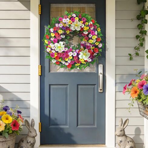 Yastouay Spring Summer Wreaths for Front Door, 24 Inch Large Spring Summer Door Wreath with Magnolia Petunia Flowers & Ivy Leaves, Spring Wreath for Front Door Farmhouse Porch Wall Indoor Outdoor in Saudi Arabia