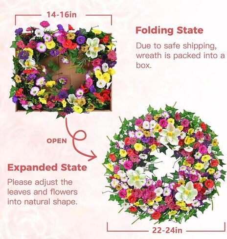 Yastouay Spring Summer Wreaths for Front Door, 24 Inch Large Spring Summer Door Wreath with Magnolia Petunia Flowers & Ivy Leaves, Spring Wreath for Front Door Farmhouse Porch Wall Indoor Outdoor in Saudi Arabia