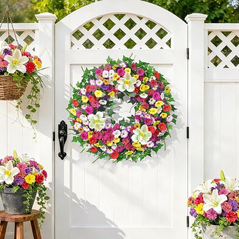 Yastouay Spring Summer Wreaths for Front Door, 24 Inch Large Spring Summer Door Wreath with Magnolia Petunia Flowers & Ivy Leaves, Spring Wreath for Front Door Farmhouse Porch Wall Indoor Outdoor in Saudi Arabia