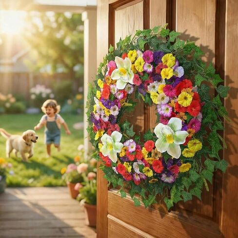 Yastouay Spring Summer Wreaths for Front Door, 24 Inch Large Spring Summer Door Wreath with Magnolia Petunia Flowers & Ivy Leaves, Spring Wreath for Front Door Farmhouse Porch Wall Indoor Outdoor in Saudi Arabia