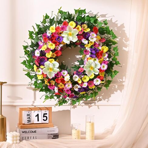 Yastouay Spring Summer Wreaths for Front Door, 24 Inch Large Spring Summer Door Wreath with Magnolia Petunia Flowers & Ivy Leaves, Spring Wreath for Front Door Farmhouse Porch Wall Indoor Outdoor in Saudi Arabia